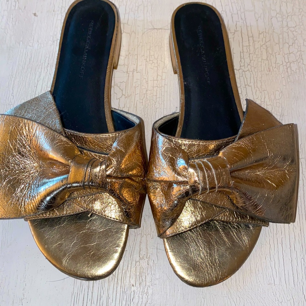 Rebecca Minkoff Gold Bow leather sandal slides sz8